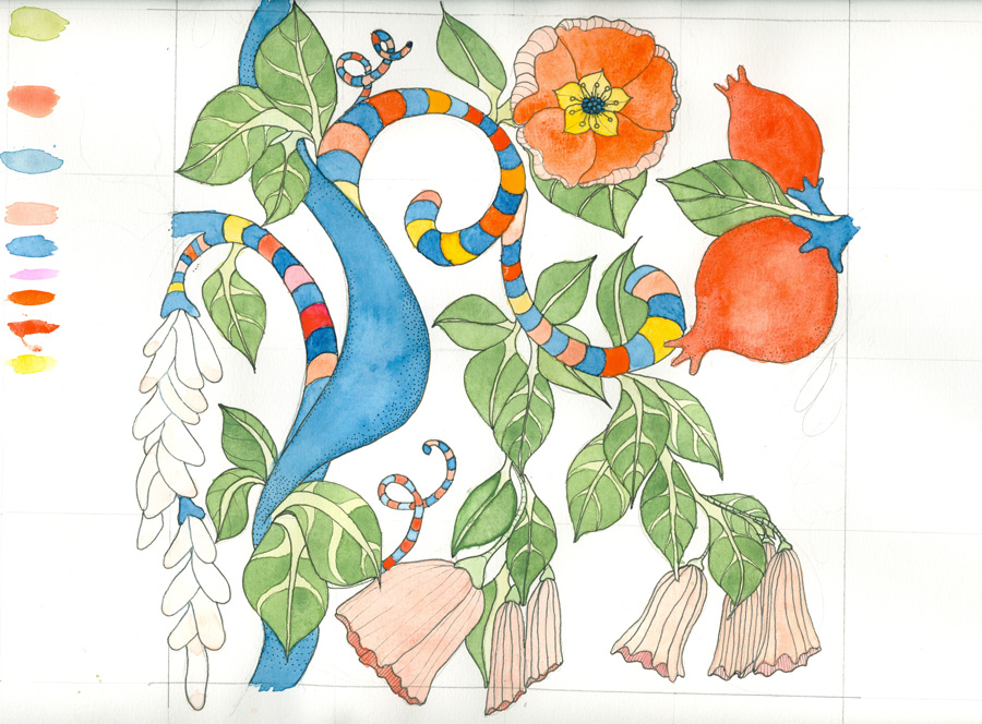 handmade flower pattern for fabric, wallpaper on demand, orange, blue, green